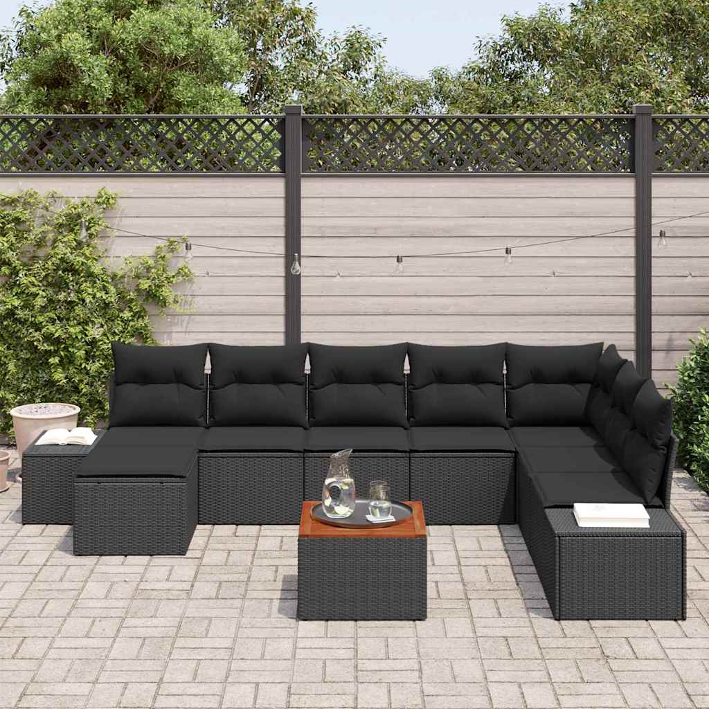 Garten-Sofa-Set mit Kissen 9 pcs Schwarz Poly Rattan