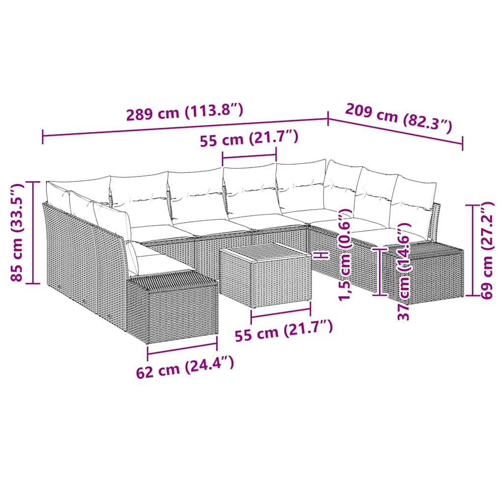 Garten-Sofa-Set mit Kissen 10 pcs Schwarz Poly Rattan