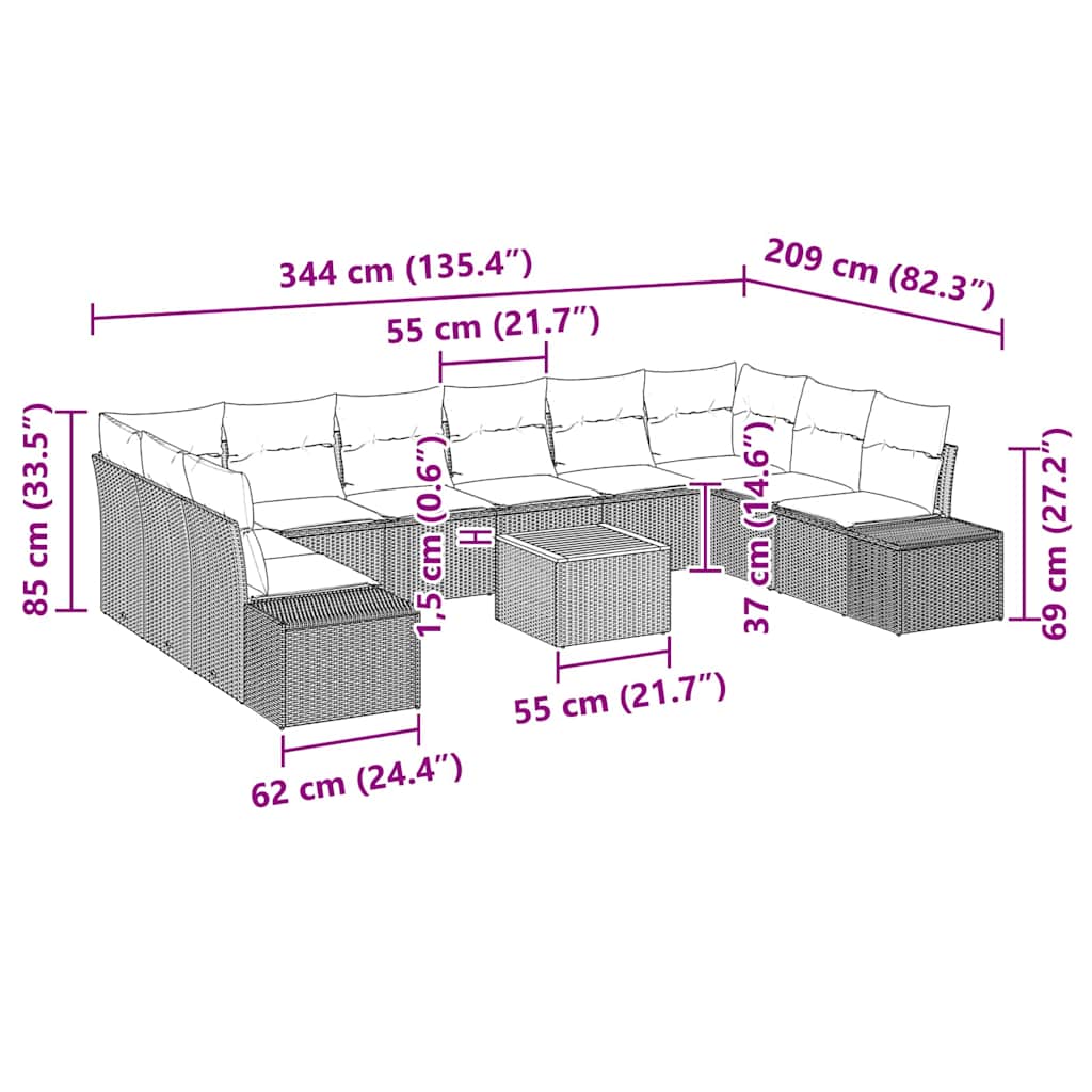 Garten-Sofa-Set mit Kissen 11 pcs Schwarz Poly Rattan