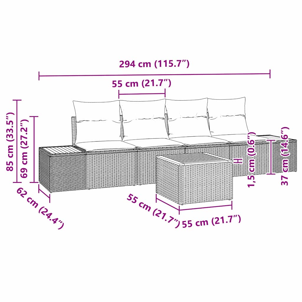 Garten-Sofa-Set mit Kissen 5 pcs Schwarz Poly Rattan