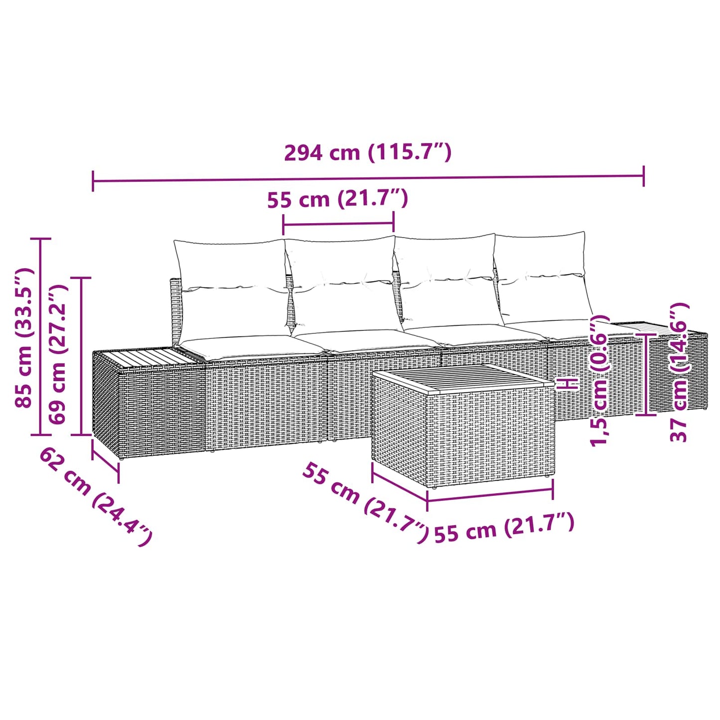 Gartensofa-set mit Kissen 5 pcs Schwarz Poly Rattan