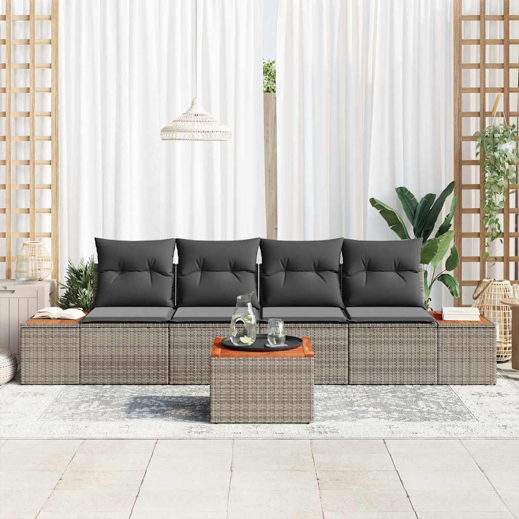 Garten-Sofa-Set mit Kissen 5 pcs Grau Poly Rattan