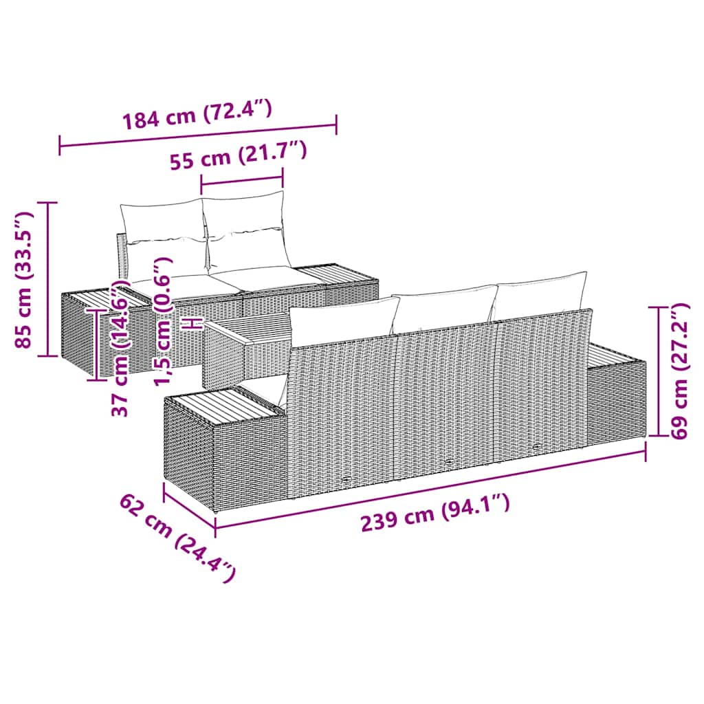 Garten-Sofa-Set mit Kissen 6 pcs Grau Poly Rattan