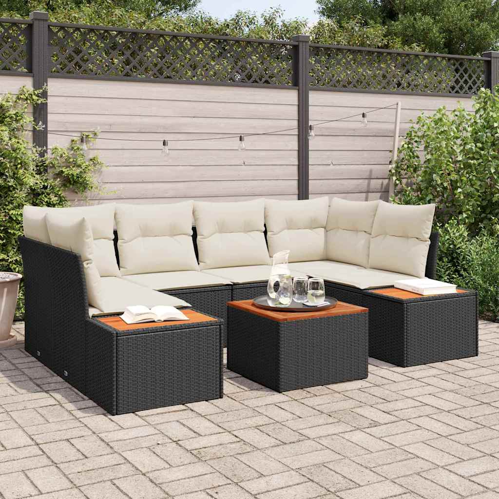 Garten-Sofa-Set mit Kissen 7 pcs Schwarz Poly Rattan