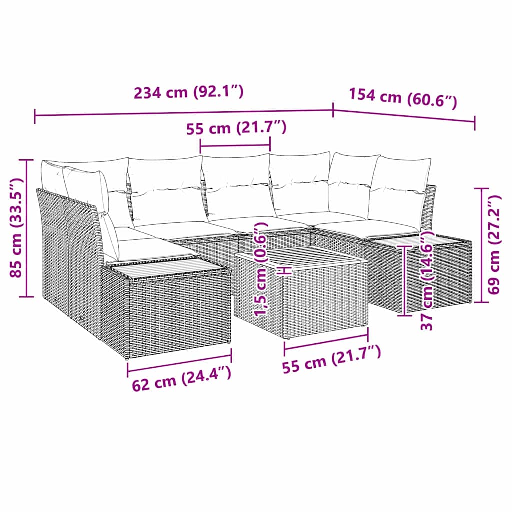 Garten-Sofa-Set mit Kissen 7 pcs Schwarz Poly Rattan
