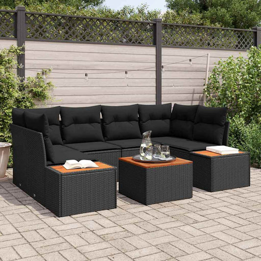 Garten-Sofa-Set mit Kissen 7 pcs Schwarz Poly Rattan
