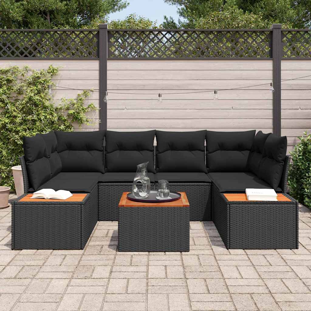 Garten-Sofa-Set mit Kissen 7 pcs Schwarz Poly Rattan