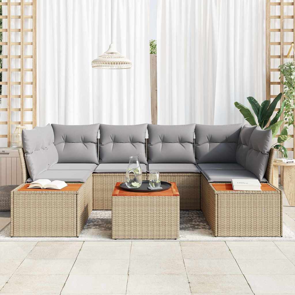 Garten-Sofa-Set mit Kissen 7 pcs Beige Poly Rattan