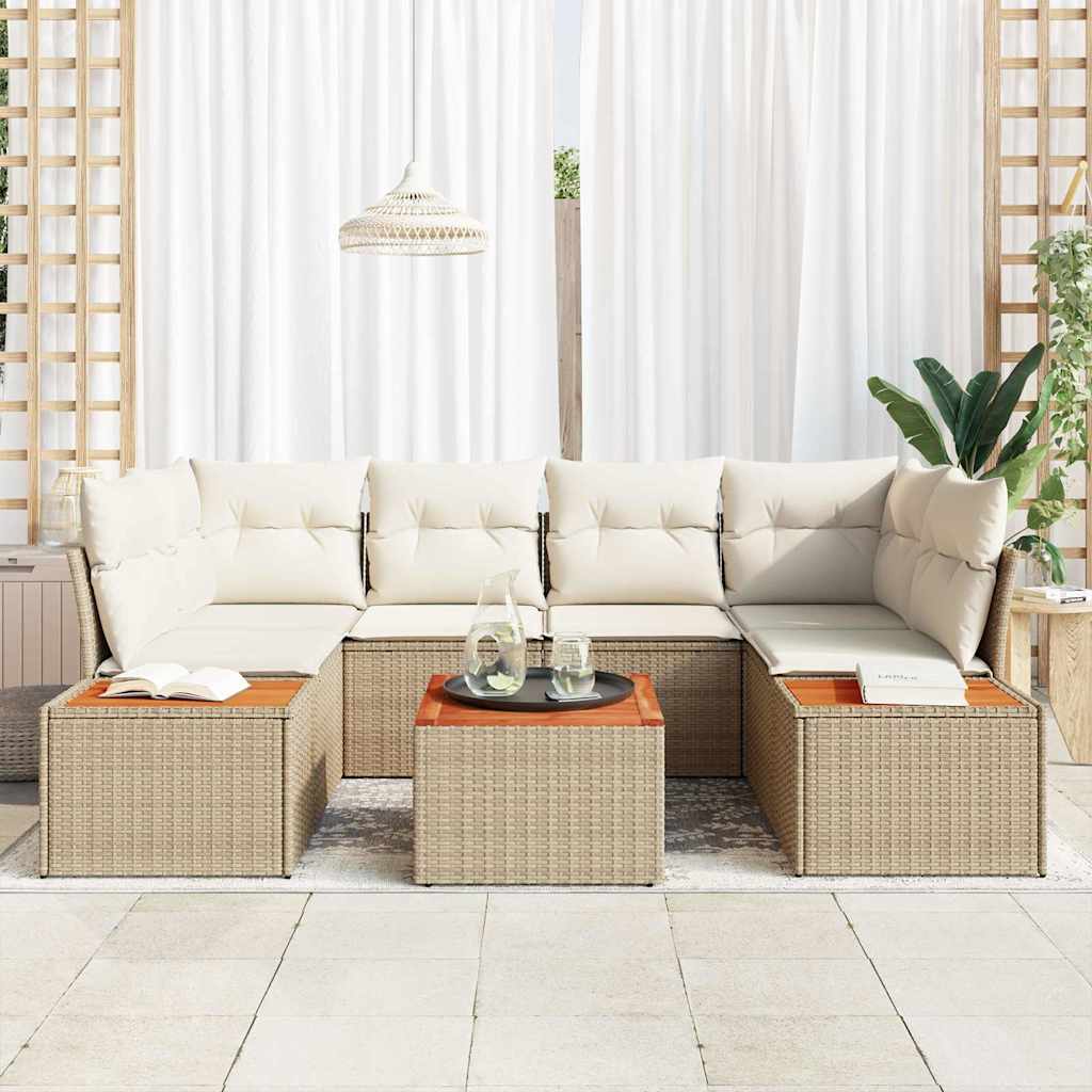 Garten-Sofa-Set mit Kissen 7 pcs Beige Poly Rattan