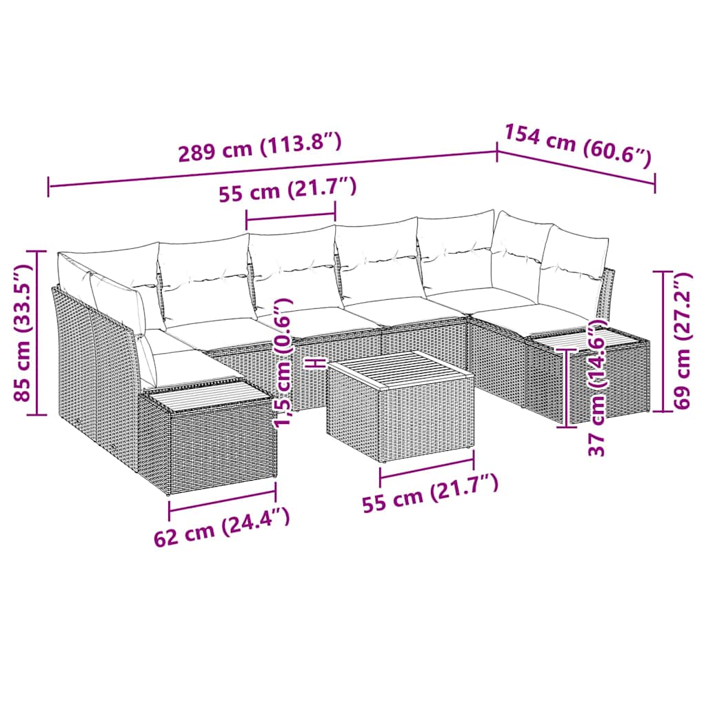 Garten-Sofa-Set mit Kissen 8 pcs Schwarz Poly Rattan