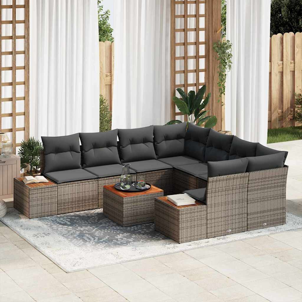 Garten-Sofa-Set mit Kissen 9 pcs Grau Poly Rattan