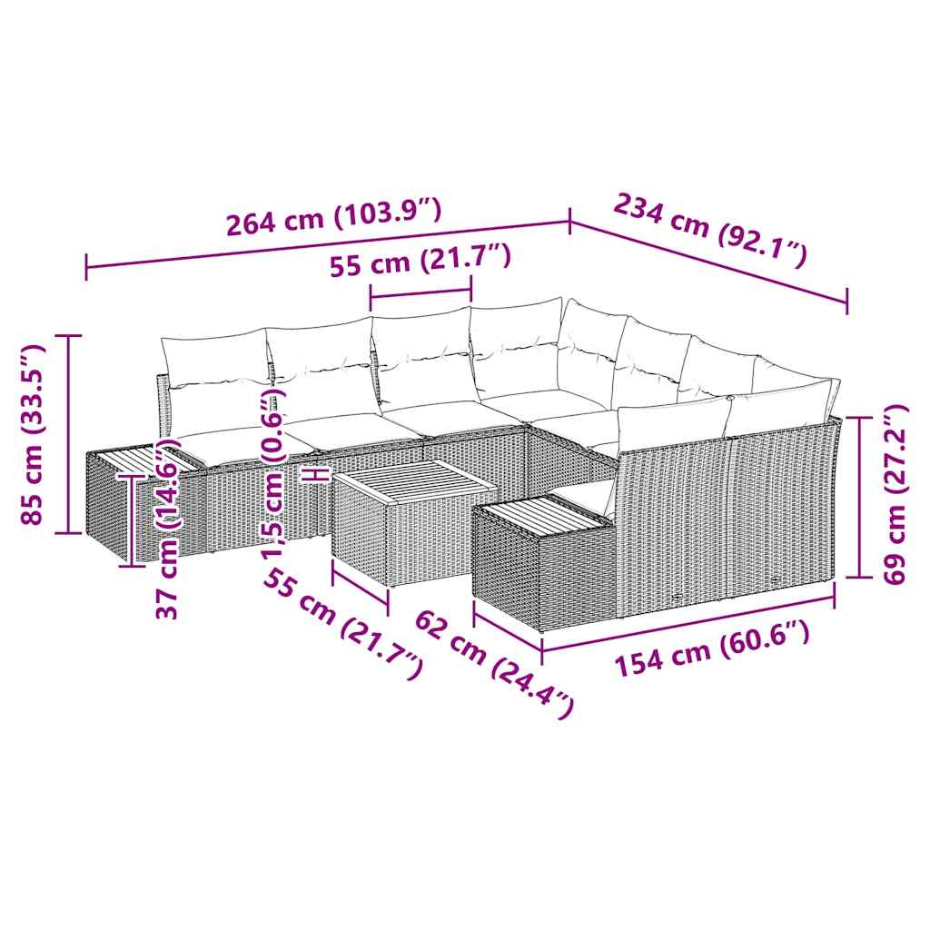 Garten-Sofa-Set mit Kissen 9 pcs Beige Poly Rattan