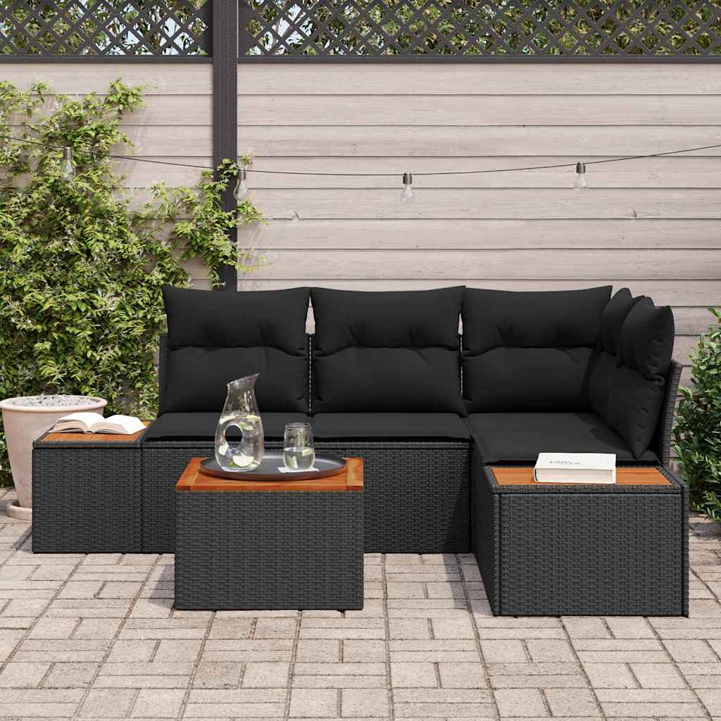 Garten-Sofa-Set mit Kissen 5 pcs Schwarz Poly-Rattan