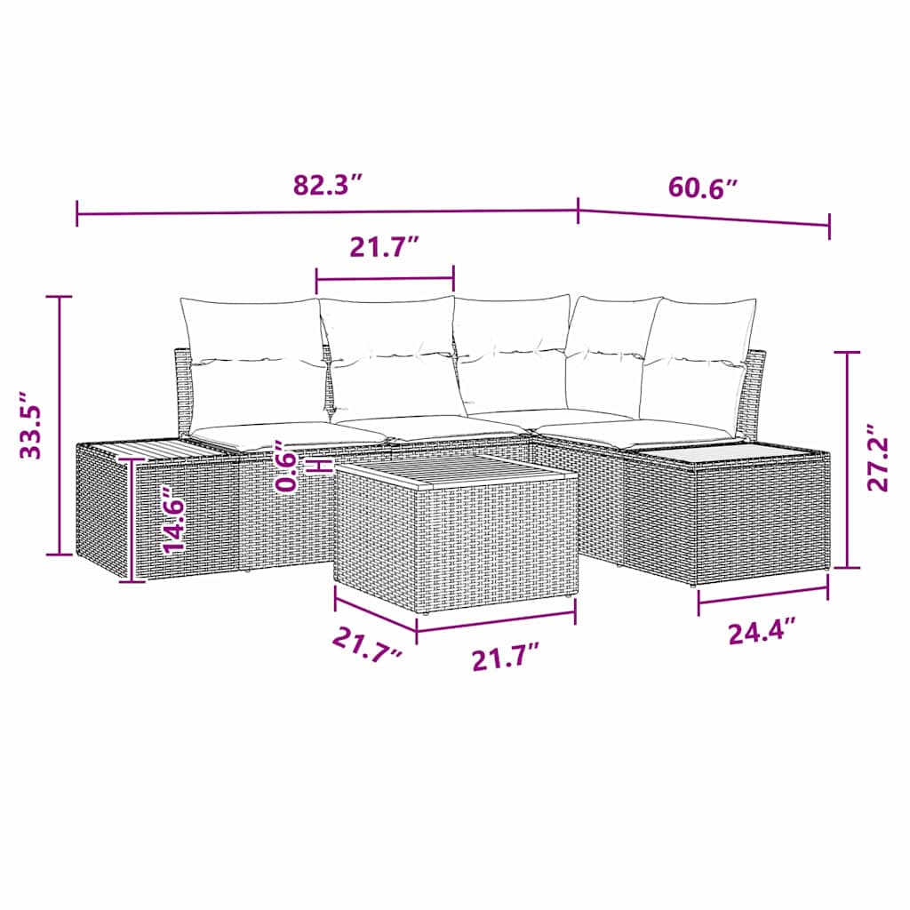 Garten-Sofa-Set mit Kissen 5 pcs Schwarz Poly-Rattan