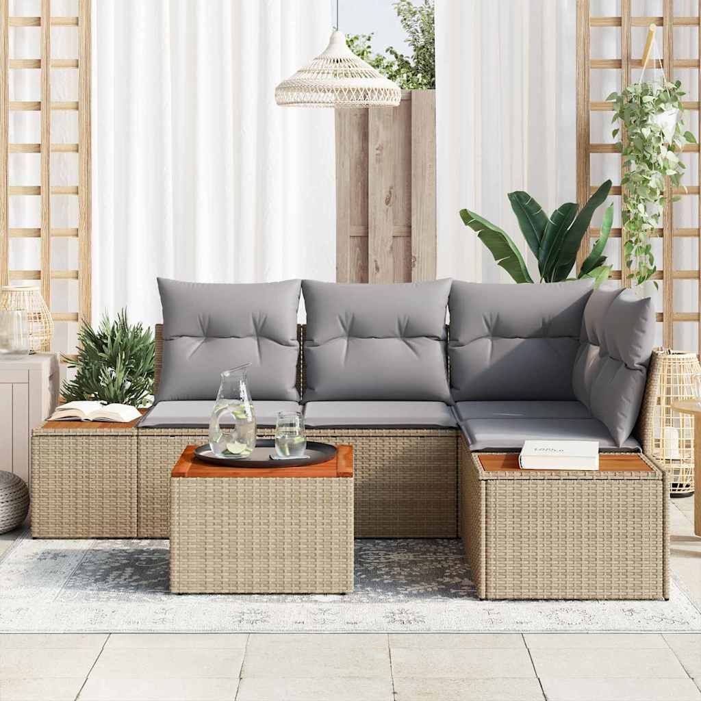 Garten-Sofa-Set mit Kissen 5 pcs Beige Poly Rattan