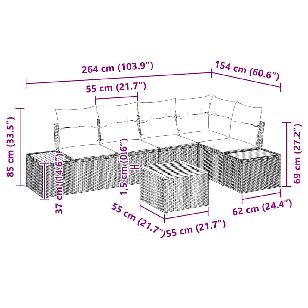 Garten-Sofa-Set mit Kissen 6 pcs Schwarz Poly-Rattan