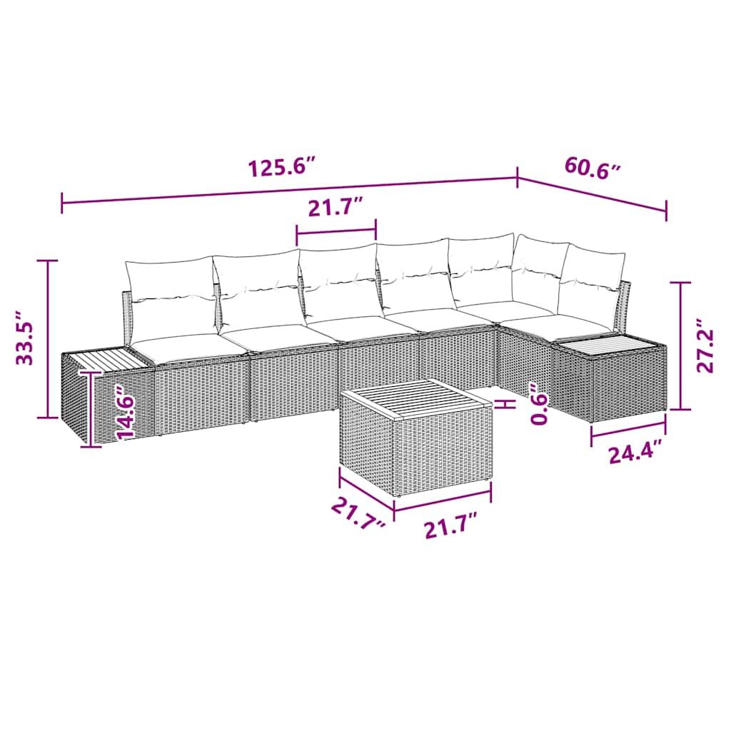 Garten-Sofa-Set mit Kissen 7 pcs Schwarz Poly-Rattan