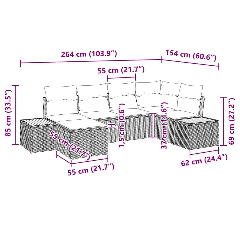 Garten-Sofa-Set mit Kissen 6 pcs Schwarz Poly Rattan