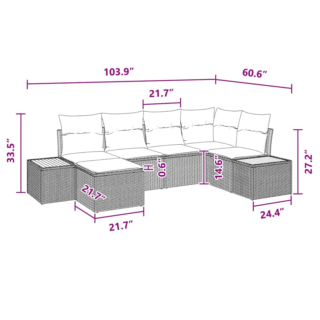 Garten-Sofa-Set mit Kissen 6 pcs Schwarz Poly Rattan