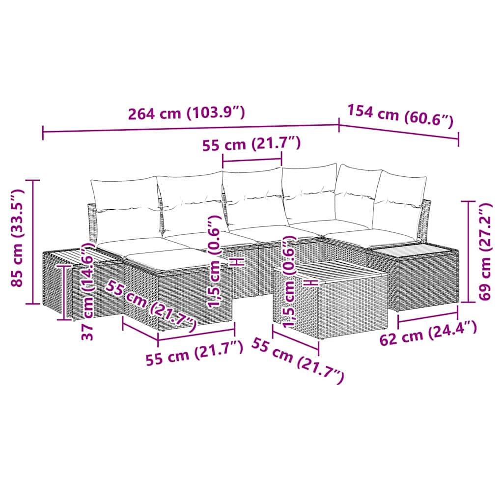 Garten-Sofa-Set mit Kissen 7 pcs Schwarz Poly Rattan