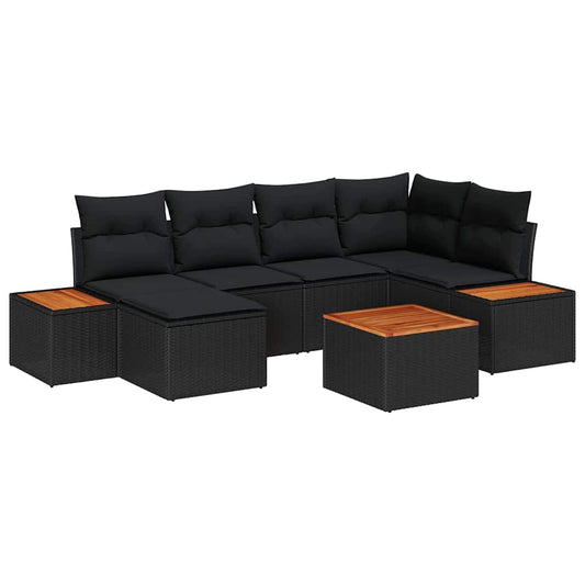 Garten-Sofa-Set mit Kissen 7 pcs Schwarz Poly-Rattan