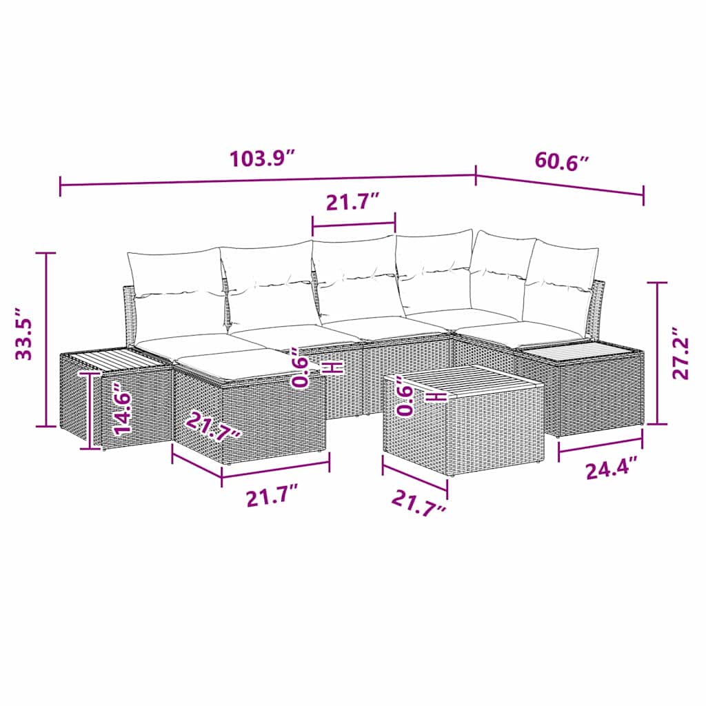 Garten-Sofa-Set mit Kissen 7 pcs Schwarz Poly Rattan