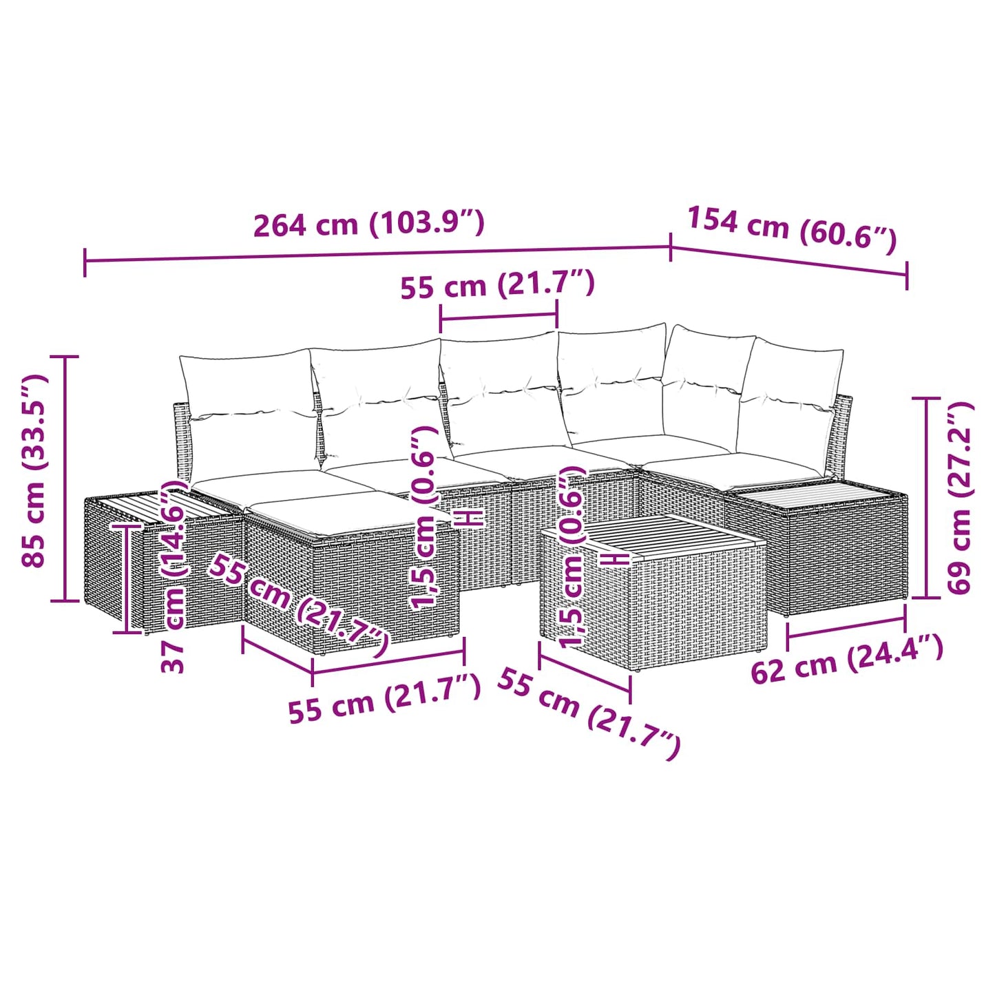 Garten-Sofa-Set mit Kissen 7 pcs Schwarz Poly-Rattan