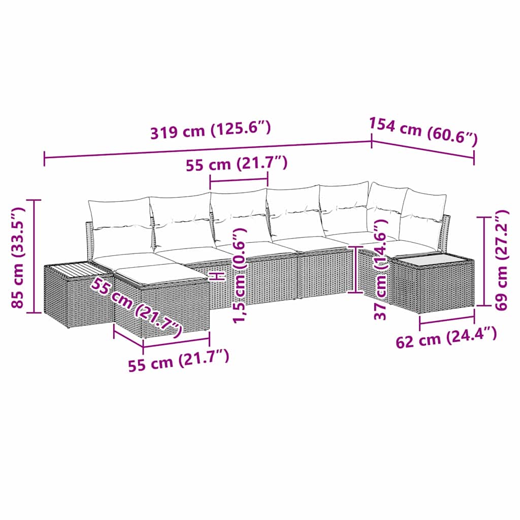 Gartensofa-set mit Kissen 7 pcs Schwarz Poly-Rattan
