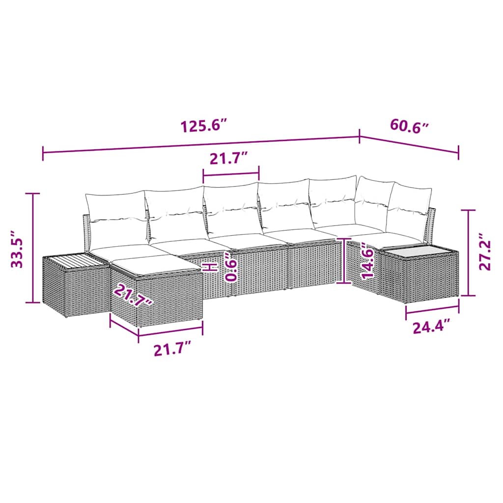 Garten-Sofa-Set mit Kissen 7 pcs Schwarz Poly-Rattan