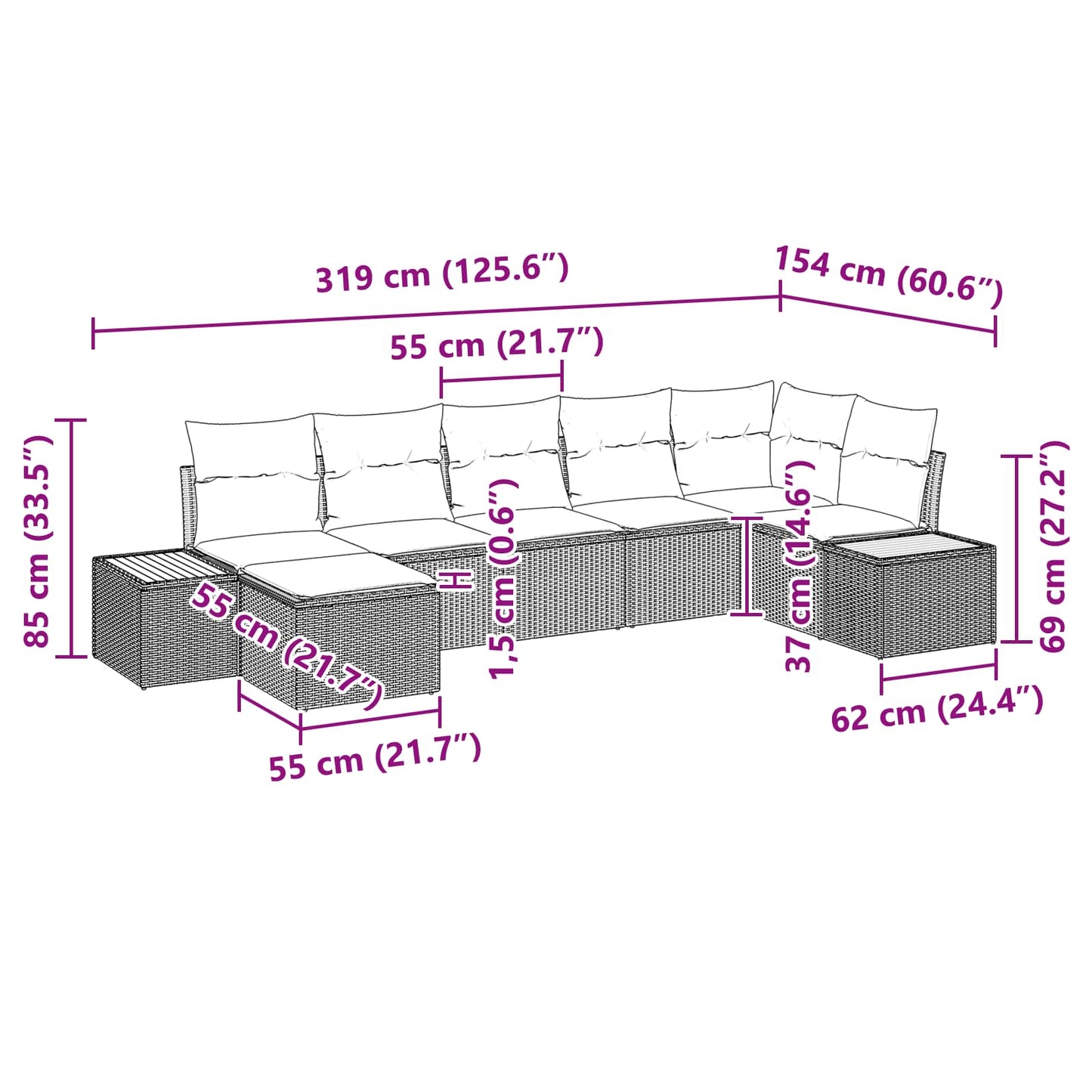 Gartensofa-set mit Kissen 7 pcs Schwarz Poly-Rattan
