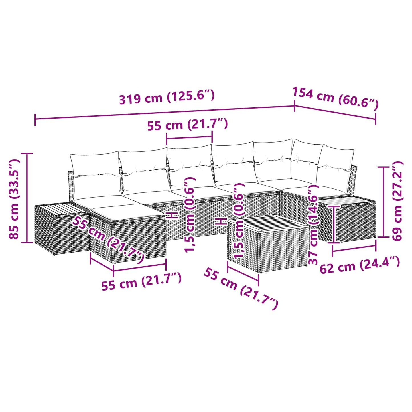 Garten-Sofa-Set mit Kissen 8 pcs Schwarz Poly-Rattan