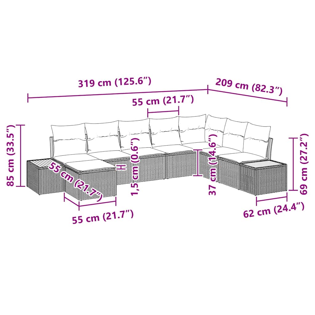 Gartensofa-set mit Kissen 8 pcs Schwarz Poly Rattan