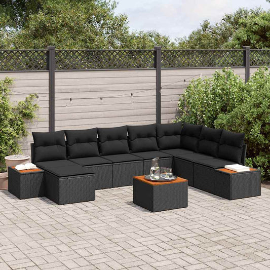 Gartensofa-set mit Kissen 9 pcs Schwarz Poly Rattan