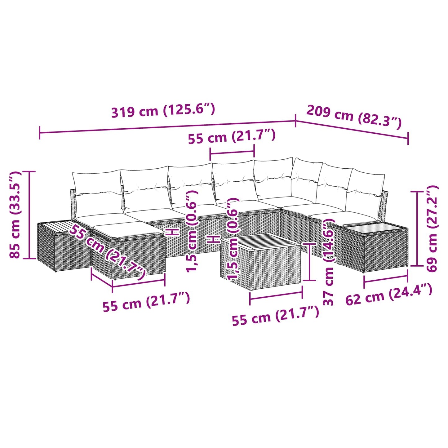 Gartensofa-set mit Kissen 9 pcs Schwarz Poly Rattan