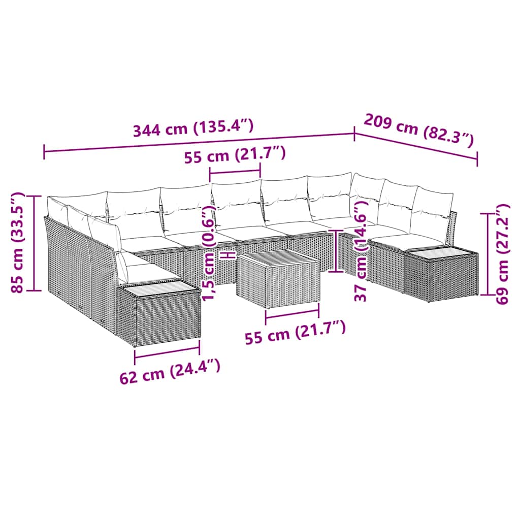 Garten-Sofa-Set mit Kissen 11 pcs Schwarz Poly-Rattan