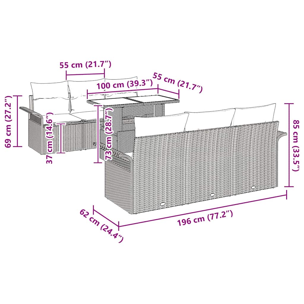 Garten-Sofa-Set mit Kissen 7 pcs Braun Poly-Rattan