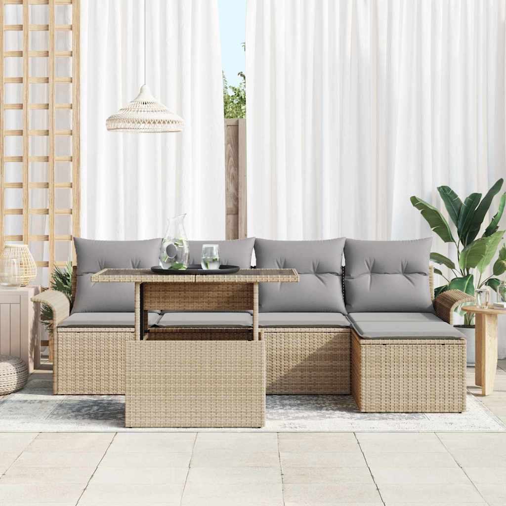 Garten-Sofa-Set mit Kissen 6 pcs Beige Poly Rattan