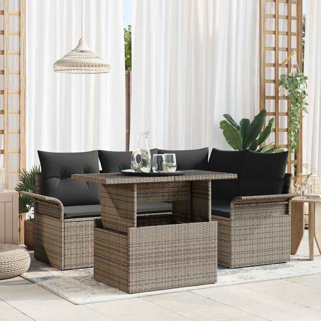 Garten-Sofa-Set mit Kissen 5 pcs Grau Poly Rattan