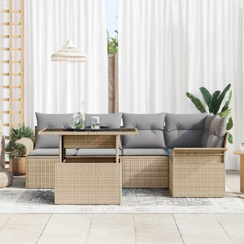 Garten-Sofa-Set mit Kissen 6 pcs Beige Poly Rattan