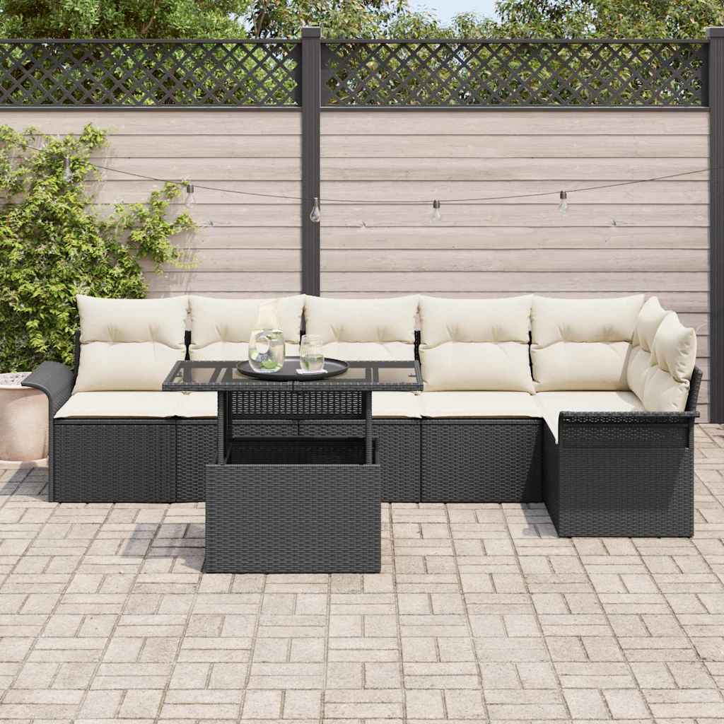 Garten-Sofa-Set mit Kissen 7 pcs Schwarz Poly Rattan
