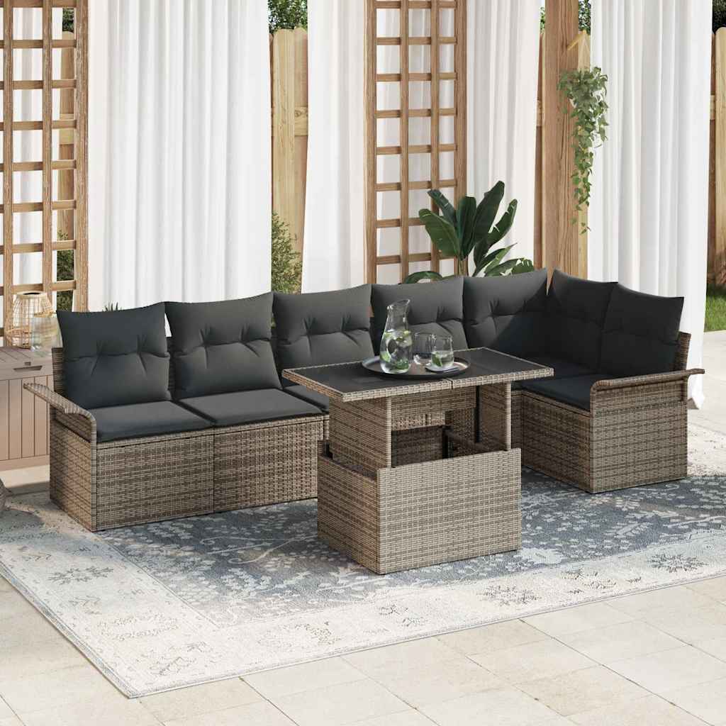 Garten-Sofa-Set mit Kissen 7 pcs Grau Poly Rattan