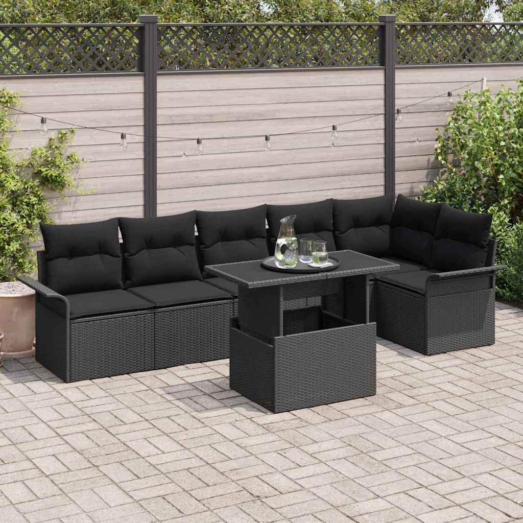 Garten-Sofa-Set mit Kissen 7 pcs Schwarz Poly Rattan