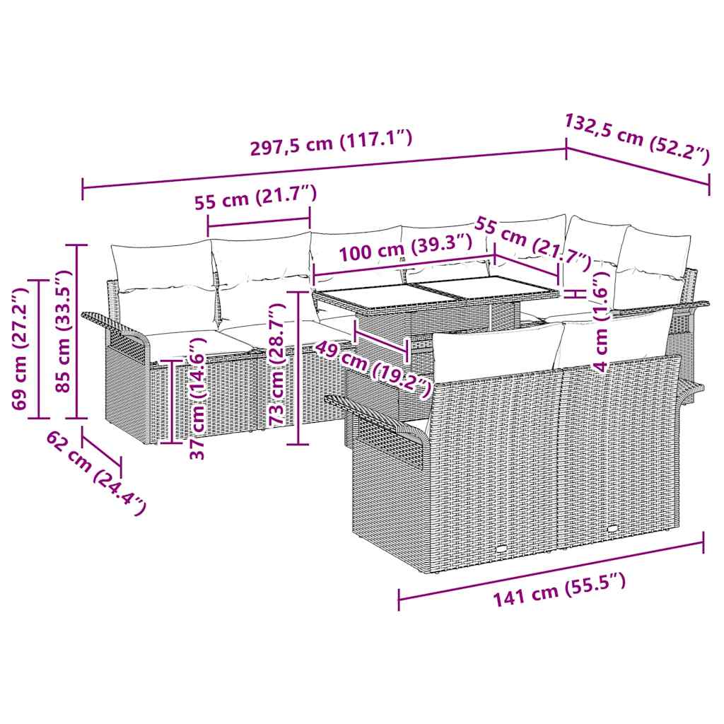 Garten-Sofa-Set mit Kissen 9 pcs Braun Poly Rattan