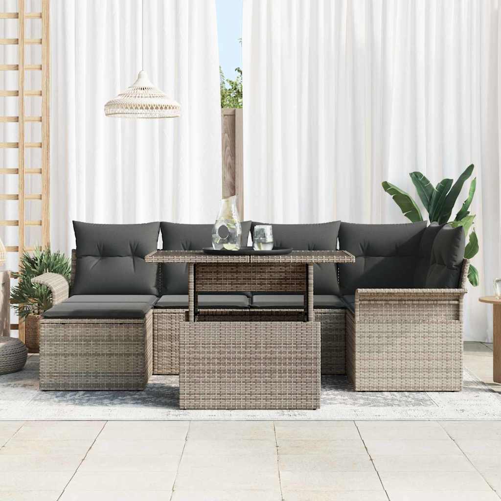 Garten-Sofa-Set mit Kissen 7 pcs Grau Poly Rattan