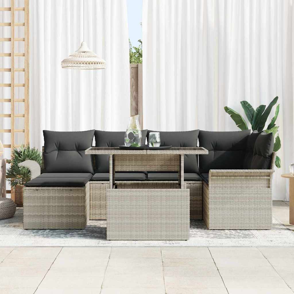 Garten-Sofa-Set mit Kissen 7 pcs Hellgrau Poly Rattan
