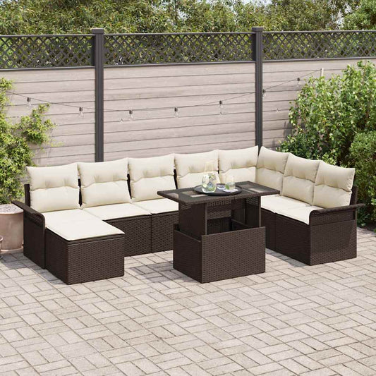 Garten-Sofa-Set mit Kissen 9 pcs Braun Poly Rattan