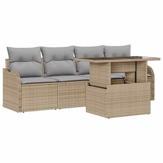 Garten-Sofa-Set mit Kissen 5 pcs Beige Poly Rattan