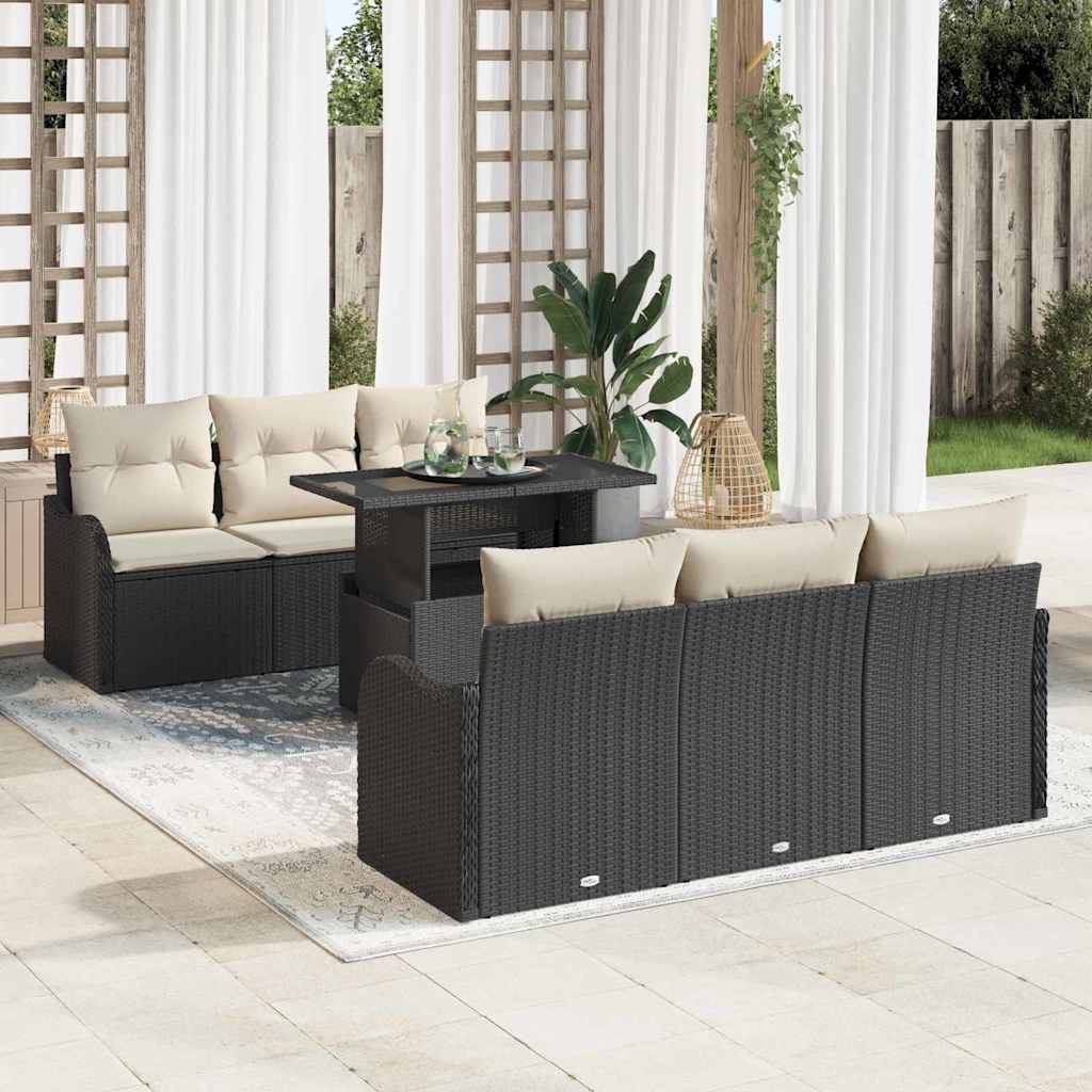Garten-Sofa-Set mit Kissen 7 pcs Schwarz Poly Rattan