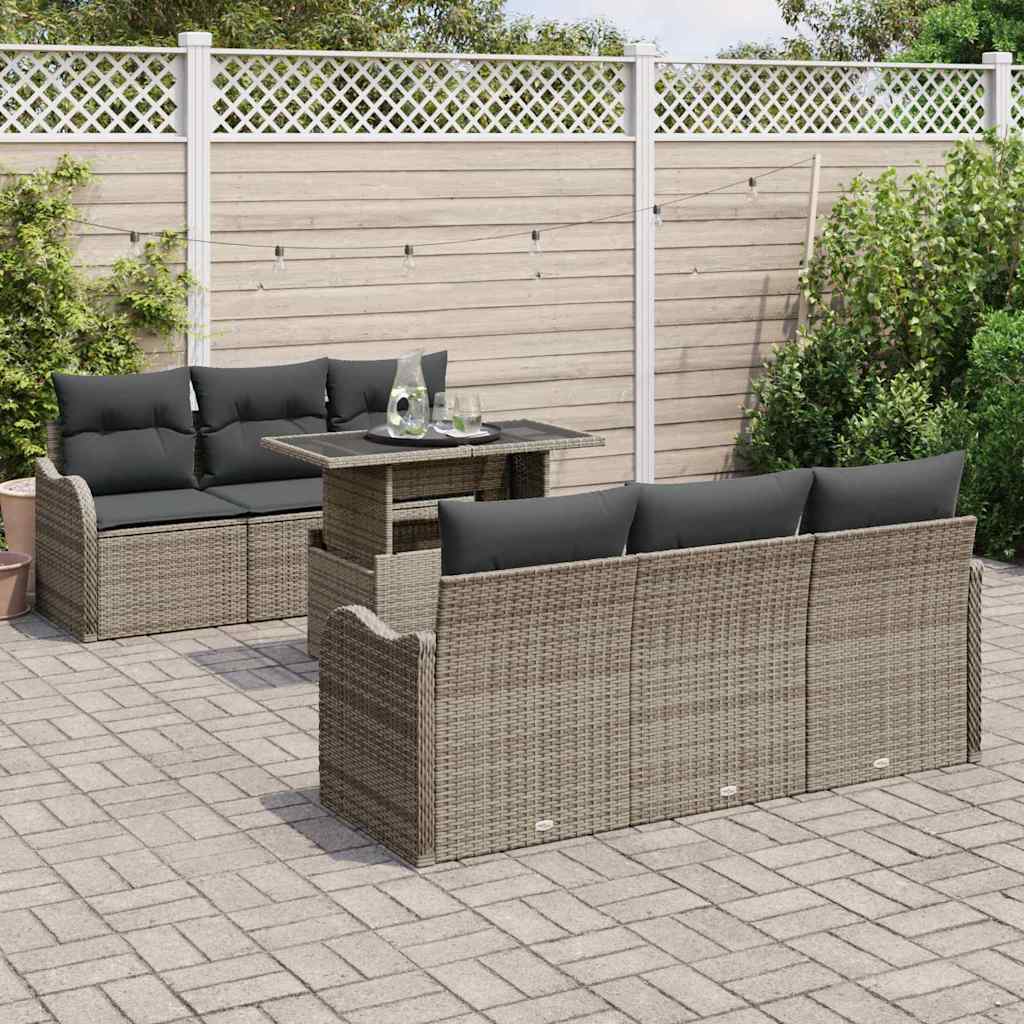 Garten-Sofa-Set mit Kissen 7 pcs Grau Poly Rattan
