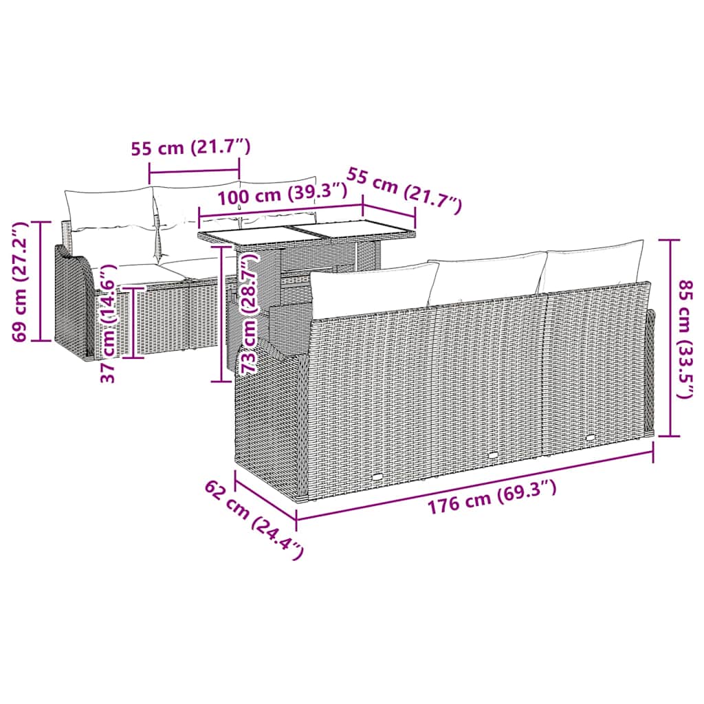 Garten-Sofa-Set mit Kissen 7 pcs Grau Poly Rattan